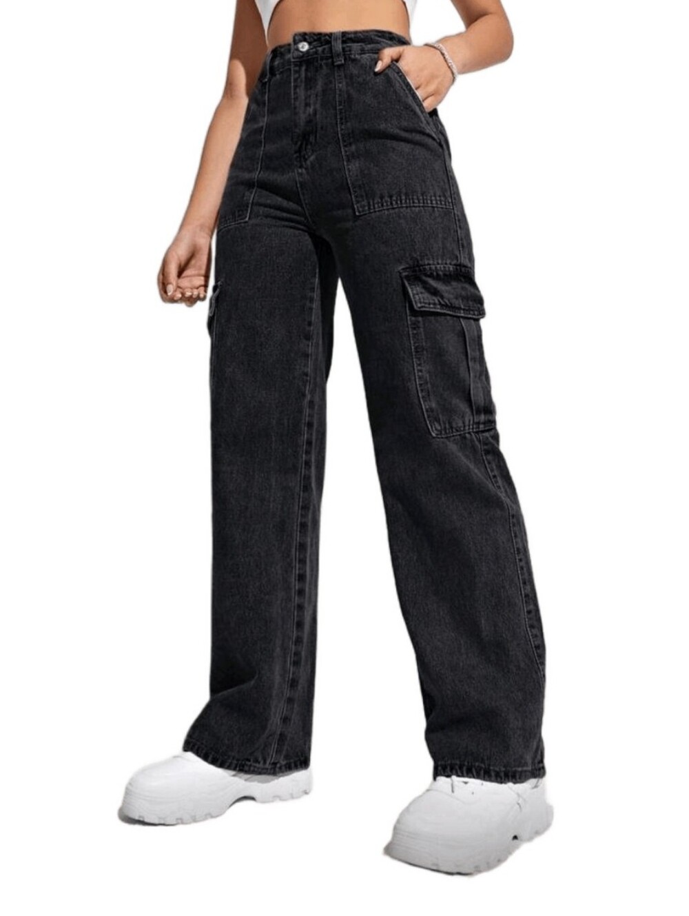 SHEIN High-Waisted Black Cargo Wide-Leg Jeans